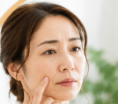 頬のたるみや加齢変化によってほうれい線が目立つ様子を説明