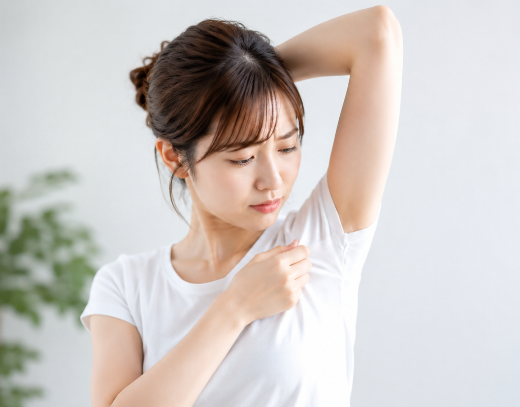 ワキのにおいについて悩む人物と、ワキガと体臭の違いを説明する