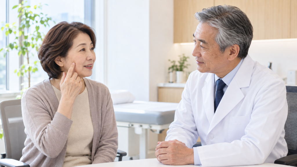 顔のできものについて医師に相談する患者さん