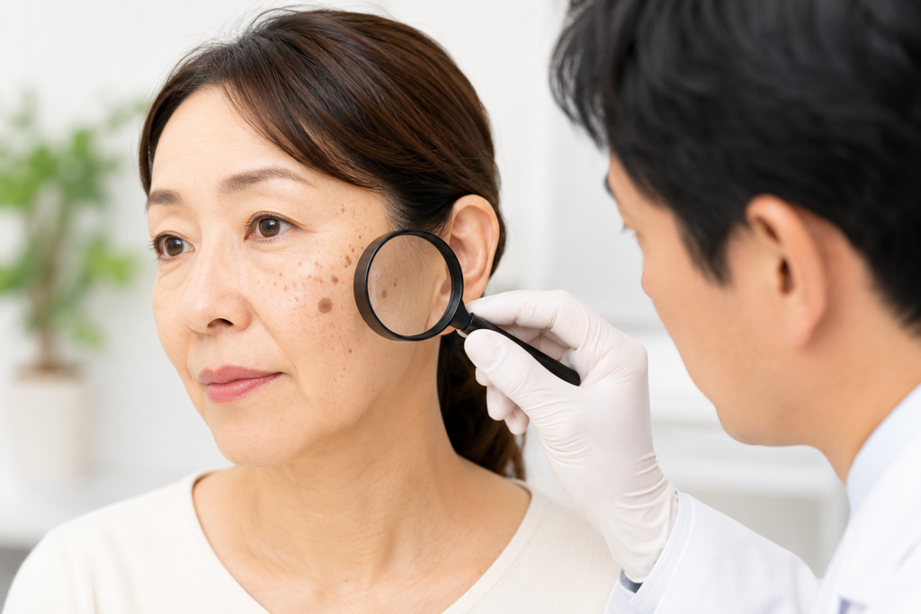 顔にできた脂漏性角化症（老人性イボ）を診察する形成外科専門医