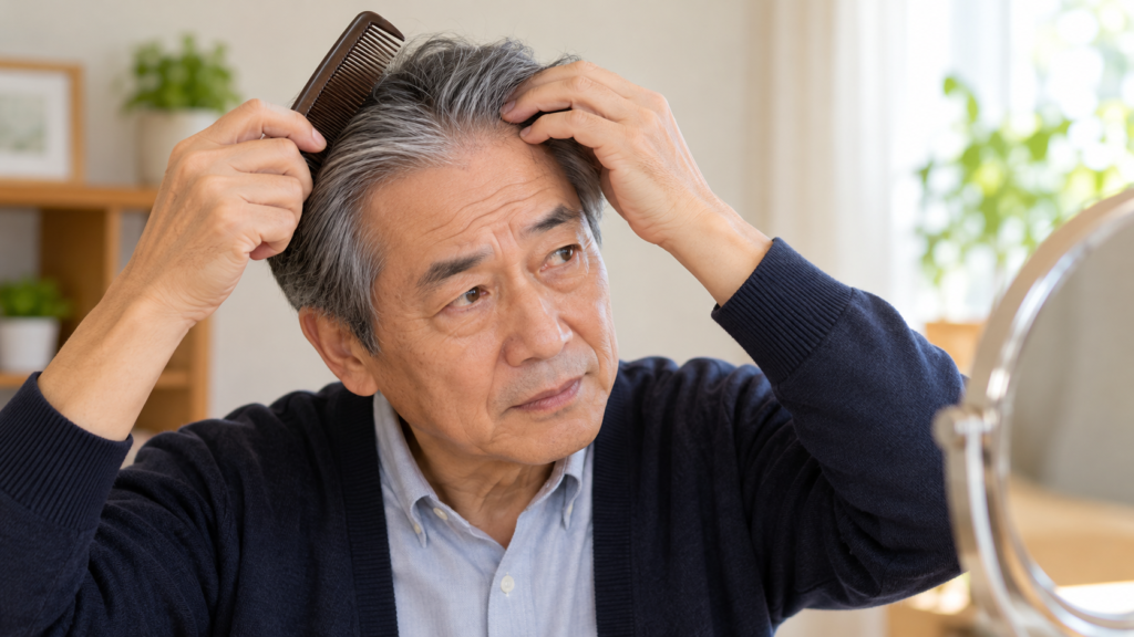 頭皮のできものを気にしながら髪をとかす人