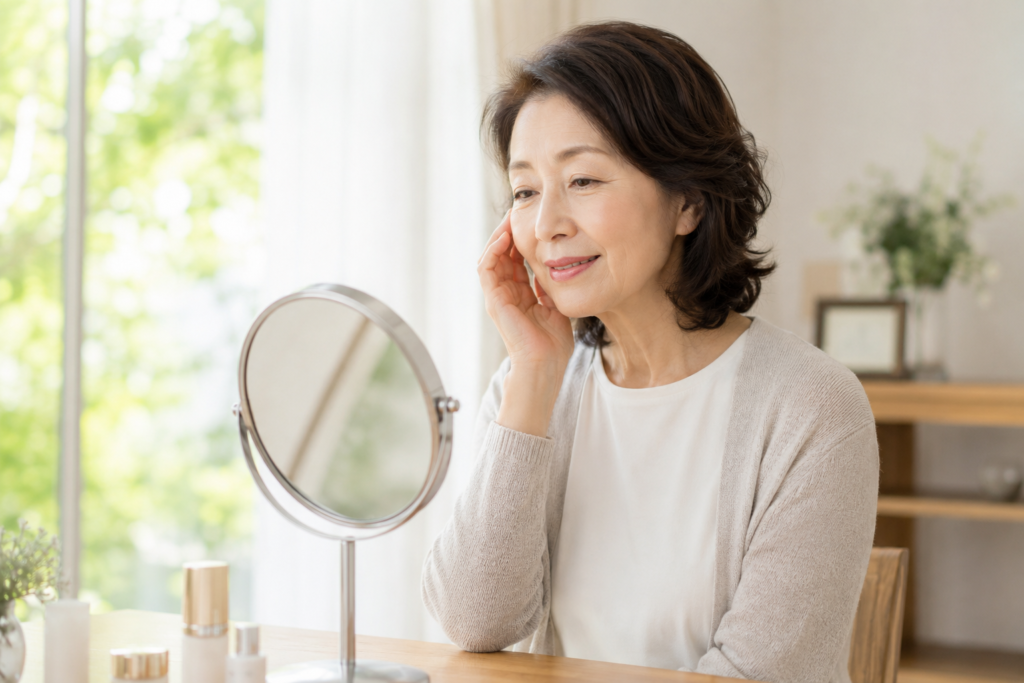 鏡を見ながら穏やかに微笑む60代女性